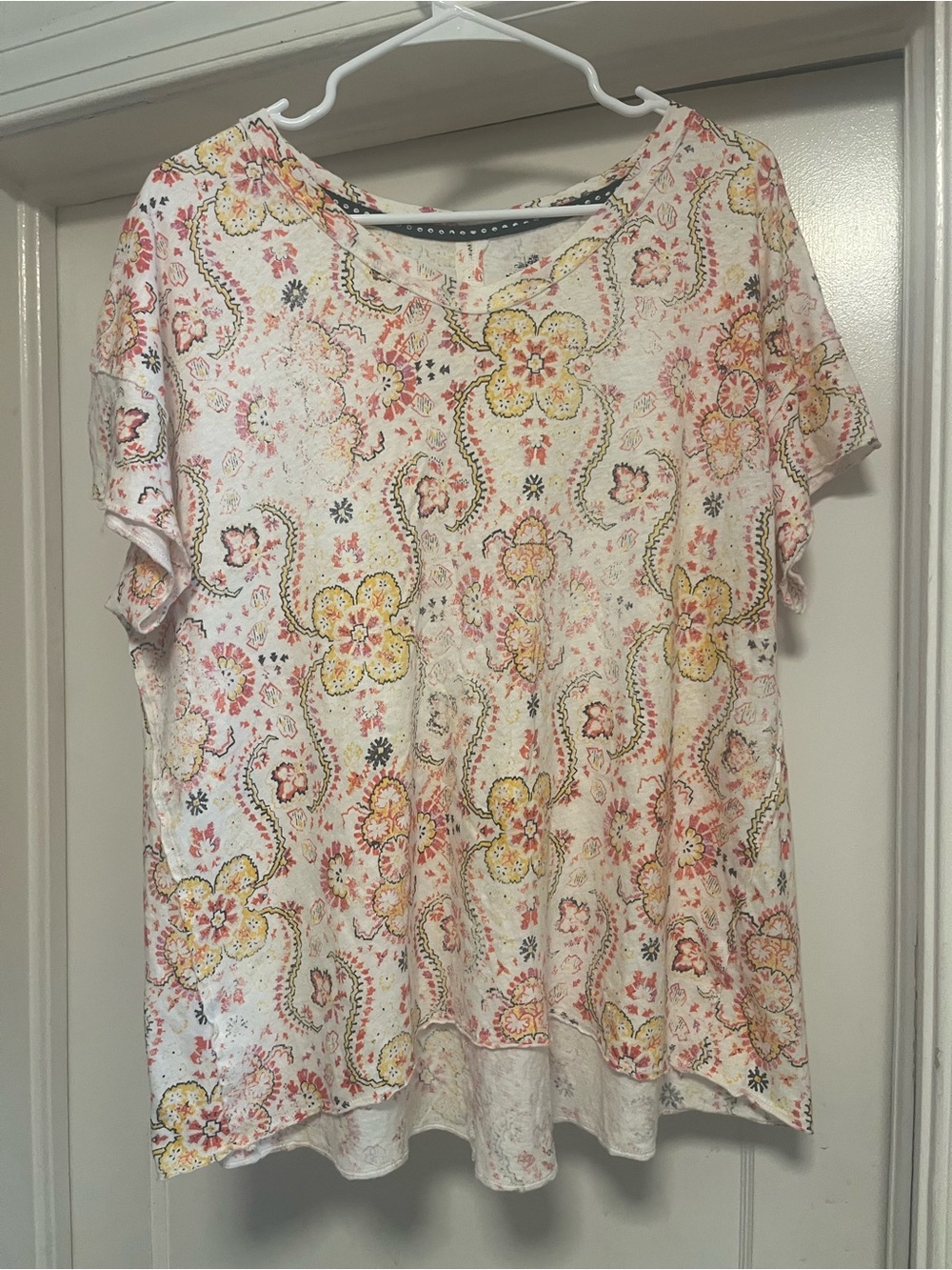 Pilcro Anthro Paisley‎ Print Top V Neck Short Sleeve Linen Blouse Bohemian XL